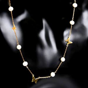 Gold Necklace with Freshwater Pearls and Gold Butterflies