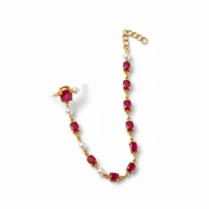 Gold Hand Chain with Rubies and Pearls